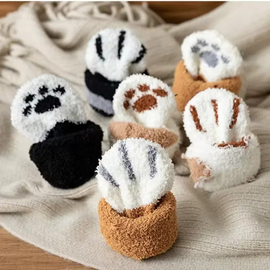 3pairs Cute Cat Paw Socks Women Winter Stretch Contrast Color at $15.97 from Odditygadget