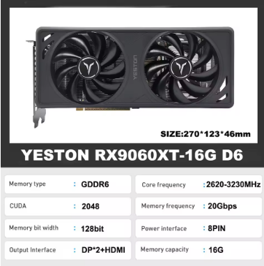 YESTON RX9060 XT 16G D6 Game Master ACE OC Graphic Card 9060XT 8G 16G GDDR6 128bit 2620MHz 4NM Video Card Gaming Desktop AMD GPU
