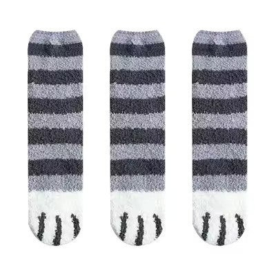 3pairs Cute Cat Paw Socks Women Winter Stretch Contrast Color