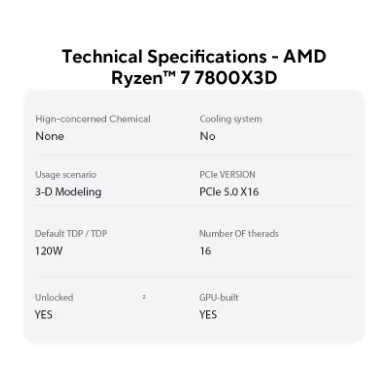 AMD Ryzen 7 7800X3D R7 7800X3D 5.0 GHz 8-Core 16-Thread CPU 5NM 96M 100-100000910 Socket AM5 New Tray Without cooler