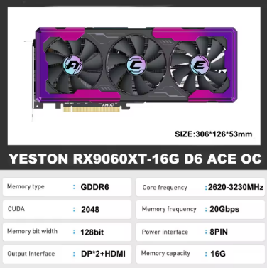 YESTON RX9060 XT 16G D6 Game Master ACE OC Graphic Card 9060XT 8G 16G GDDR6 128bit 2620MHz 4NM Video Card Gaming Desktop AMD GPU