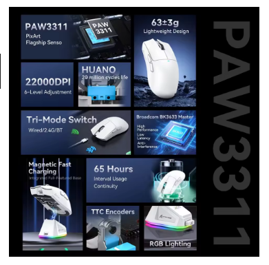 Attack Shark X11 PAW3311 Wireless Bluetooth Mouse, 2.4G 400IPS RGB PC Gaming Mouse